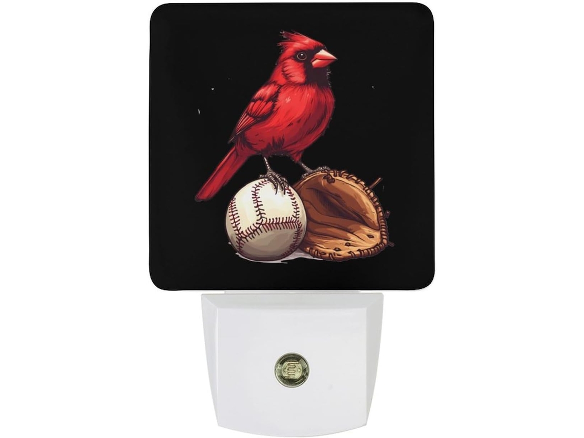 Luminária noturna LED vermelha em formato de bola de beisebol com sensor de iluminação automático.