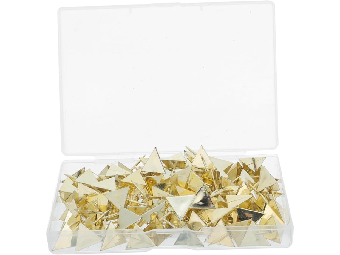 100 unidades de tachinhas triangulares decorativas douradas com ponta cônica para fixação de pôsteres e mapas. Firmeza garantida.
