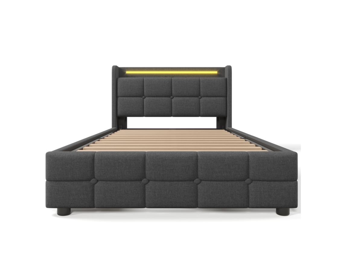 Cama Estofada com USB, Iluminada, 2 Gavetas, Estrutura Cinza 90x200cm PAPRIKA