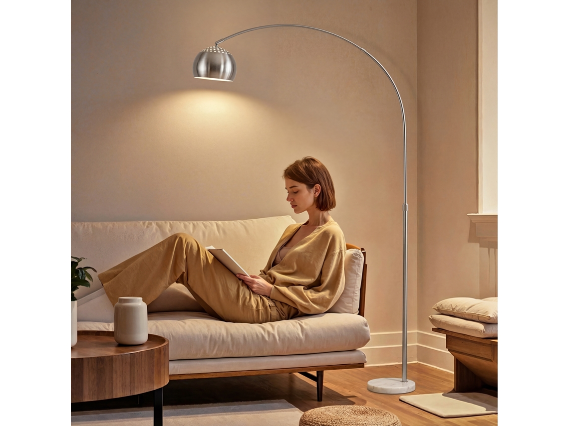 Floor Lamp, Arch Design With Marble Base, 167 Cm, Silver
