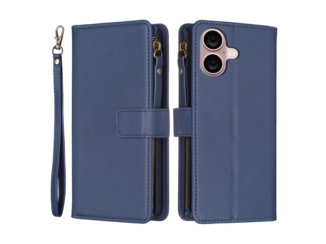 Capa Em Couro Pu Com Suporte, Para Apple Iphone 16 Plus - Cor Azul
