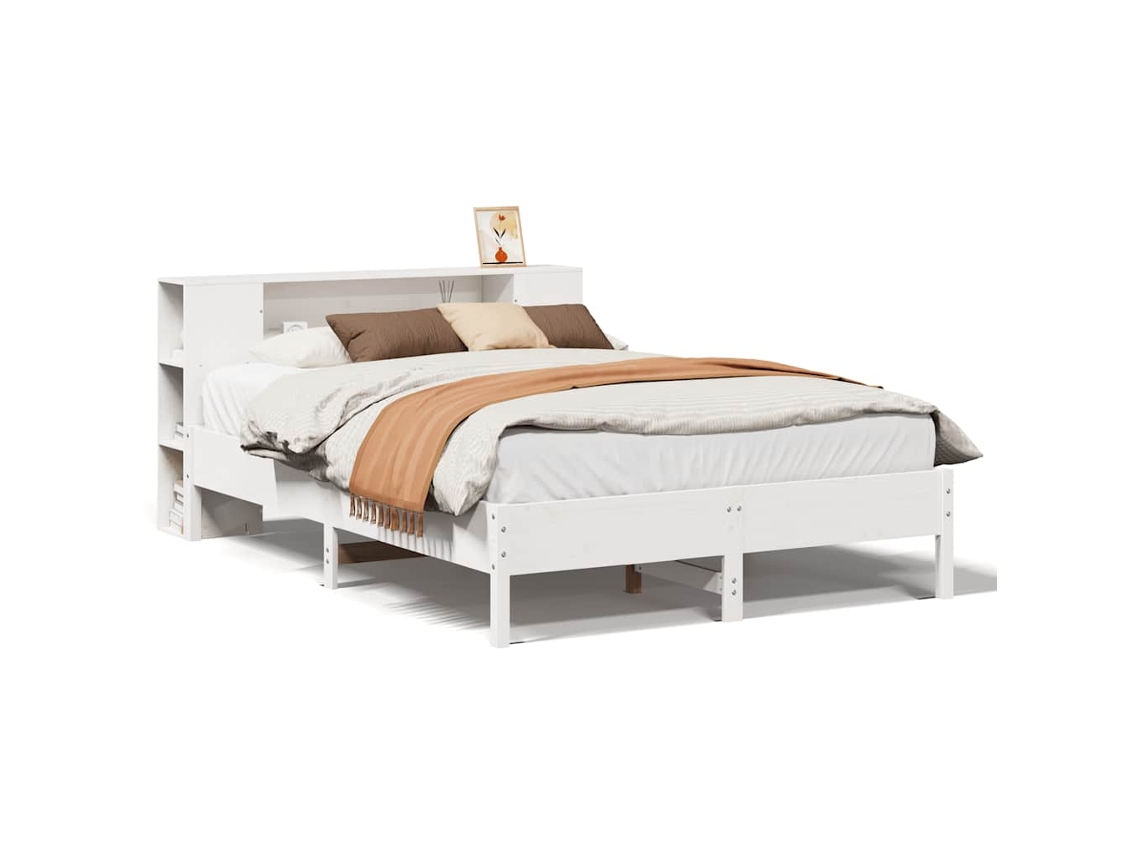 Cama com Estante Pinho Maciço Branco MAISON EXCLUSIVE (140x190 cm)