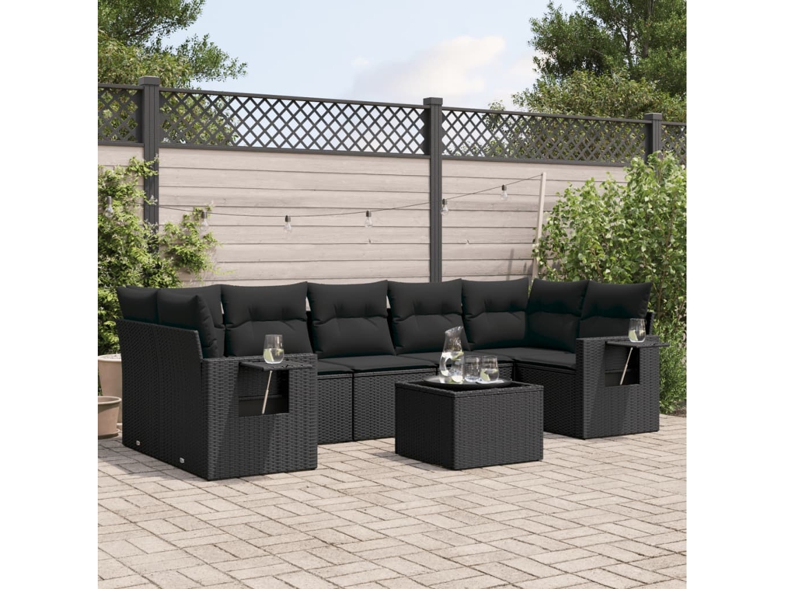 Vidaxl 8 Pcs Conjunto Sofás de Jardim com Almofadões Vime Pe Preto
