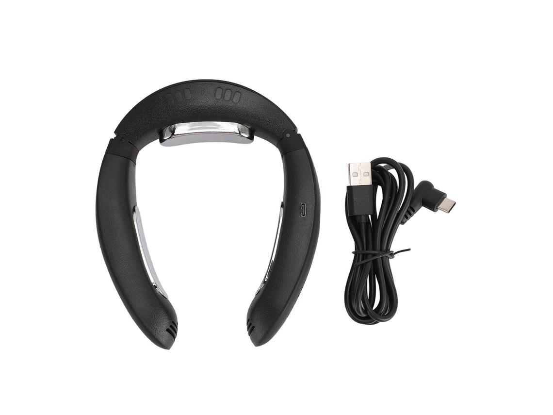 Ventilador de pescoço portátil sem lâminas, recarregável via USB, silencioso, preto.