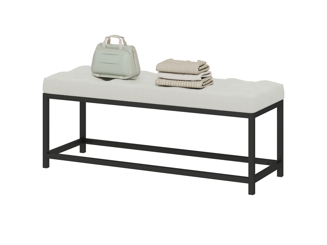 Banco Aos Pés Da Cama Estofado Em Veludo Design Capitonê Base De Metal Para Quarto Entrada Sala 117x40x48 Cm Creme