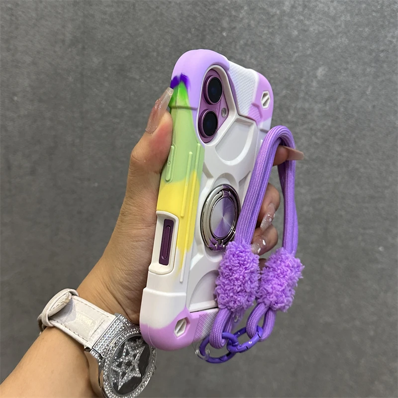 Capa De Celular (roxa Para Iphone 14) Em Silicone Macio Ao Toque, Resistente A Impactos, Com Cordão.