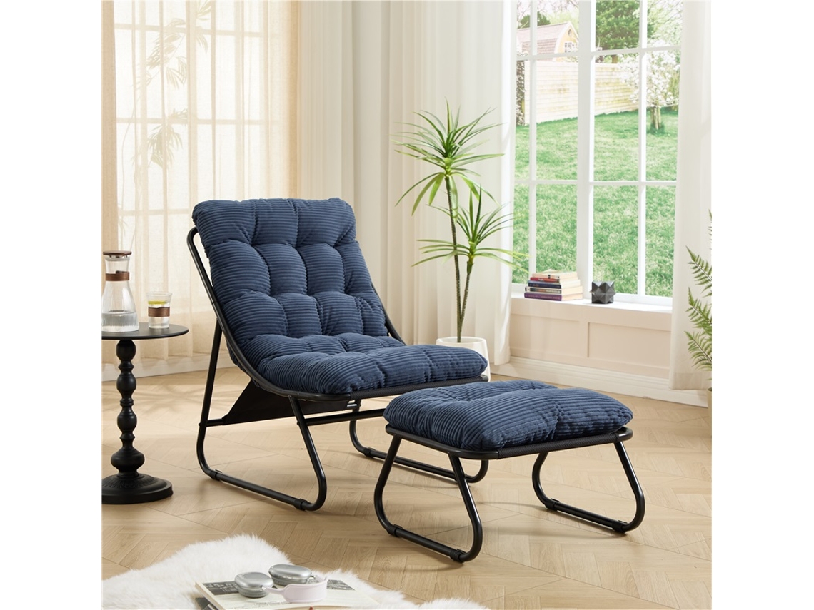 Poltrona Jardim Apoio Pés Reclinável Almofada Preta Banqueta Azul