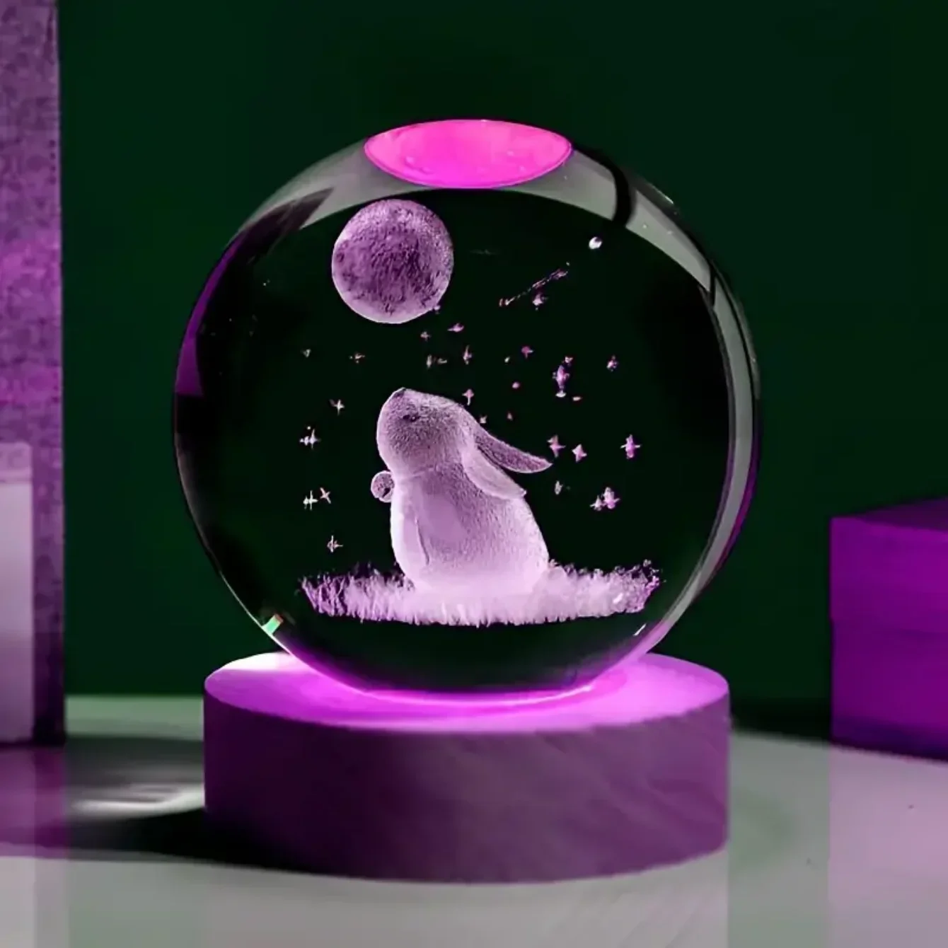 Bola De Cristal Esculpida Em 3d Com Coelho Da Lua (6 Cm), Um Presente Para Crianças.
