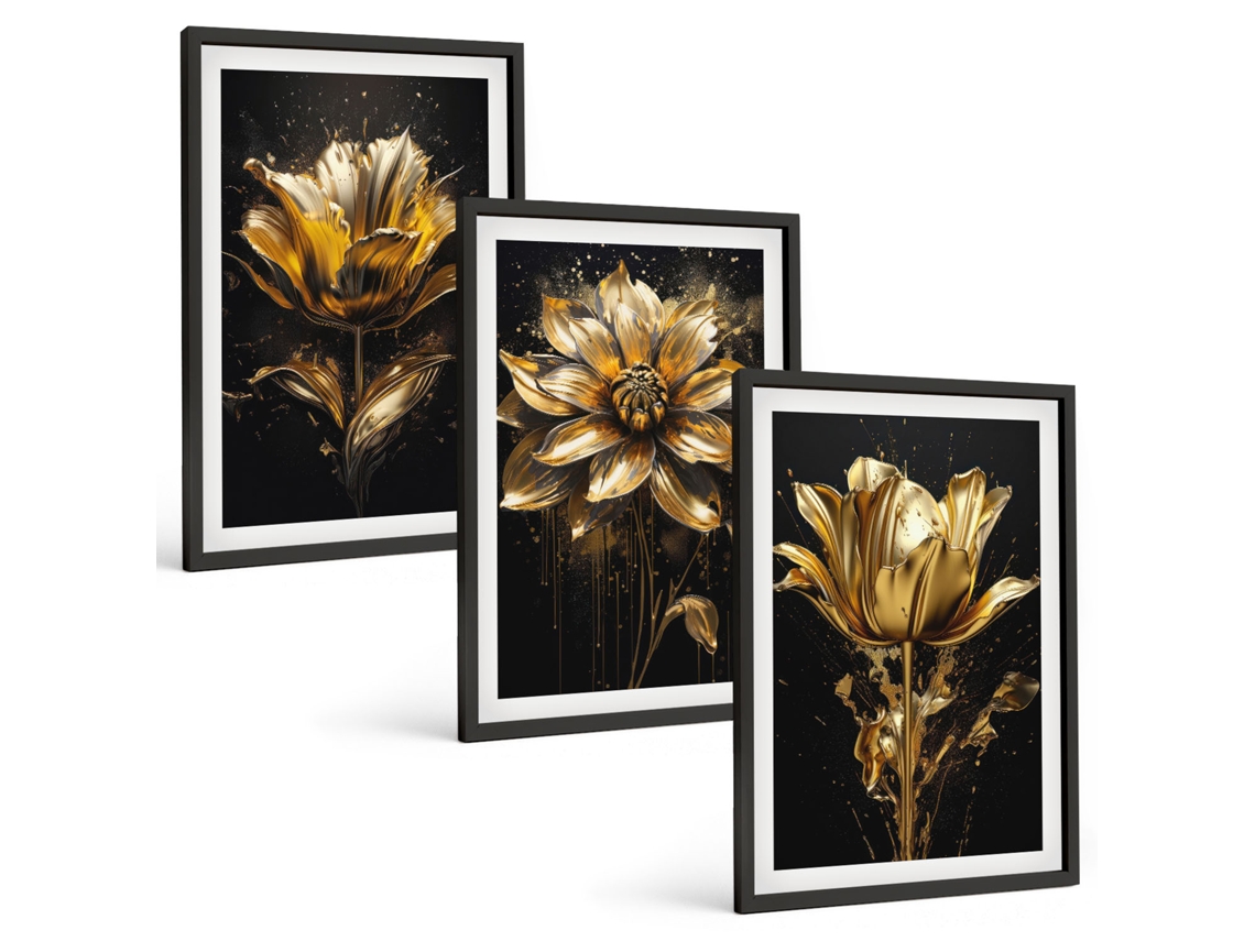 Conjunto De Pinturas Flores, Amarelo, Fundo Escuro Espelharte (3 Peças 40x60 Cm)