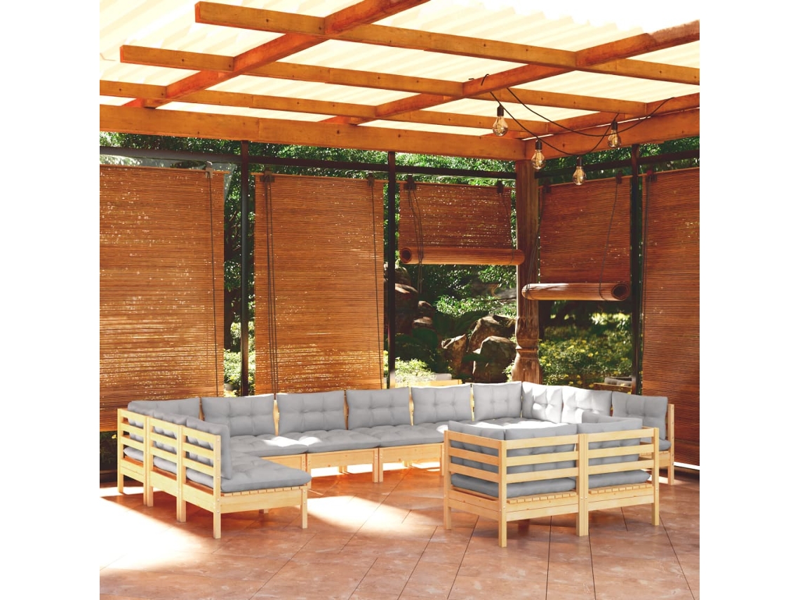 Vidaxl 12pcs Conjunto Lounge De Jardim + Almofadões Cinza Pinho Maciço