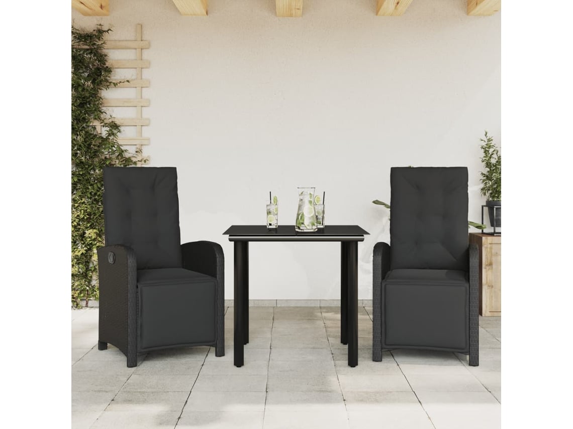 3 Pcs Conjunto De Bistrô Com Almofadões De Vime Pe Preto Wsd897653 Adorável Casa