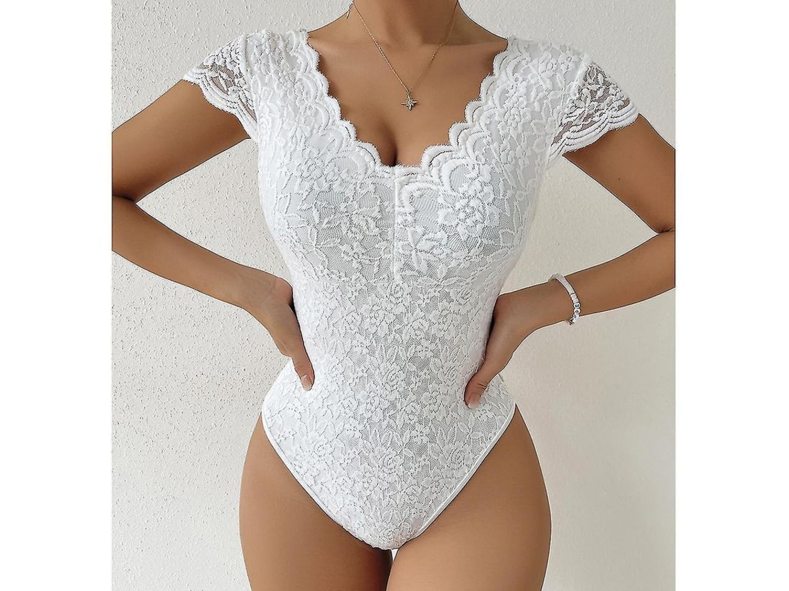 Body Fasst de Renda Sem Mangas para Mulher, com Decote em V, Casual, Ajustado