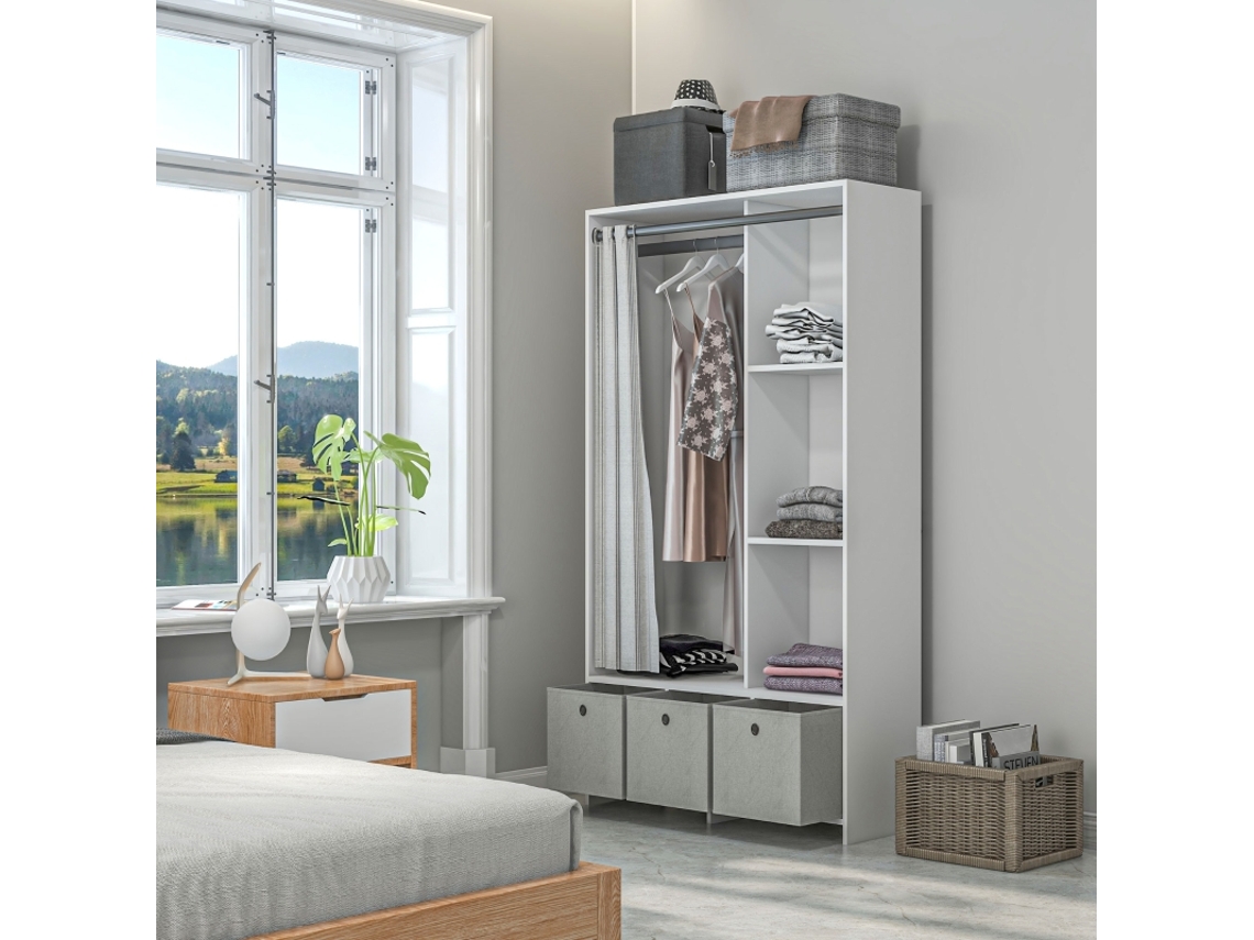 Armário de Arrumação com Varão, Cortinas, 3 Gavetas, Branco 105x48x160cm ZIWEI STORE