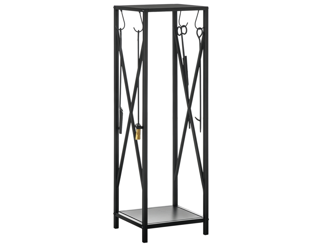Suporte Para Lenha Estante Para De Exterior Com Ganchos Pá Escova Atiçador E Tenaz Carga 60 Kg 34x34x111 Cm Preto