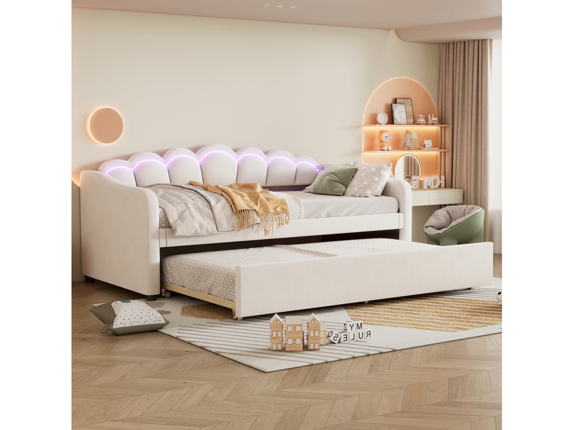 Sofa Cama Daybettt 90x200cm Samt Bege Luz Ambiente Controle Remoto