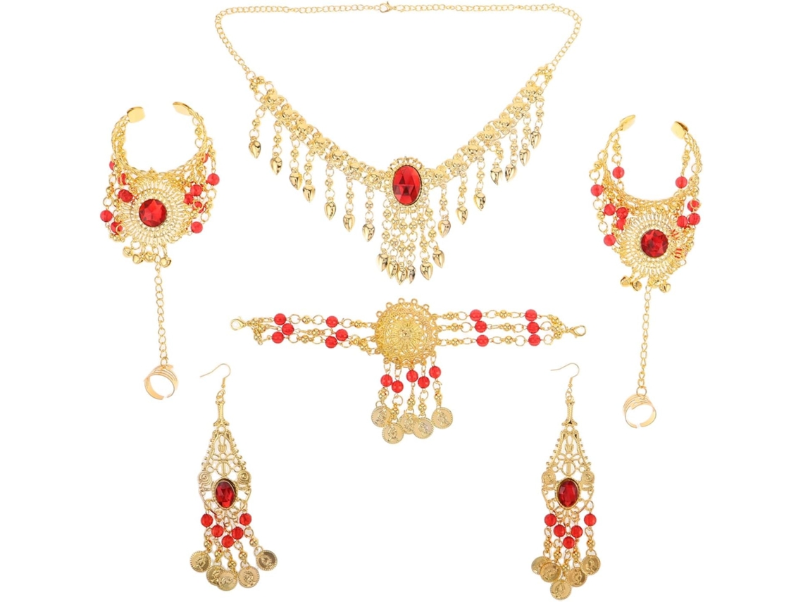 Colar Gargantilha Com Corrente De Lantejoulas, Brincos Pendentes Vermelhos E Pulseira.