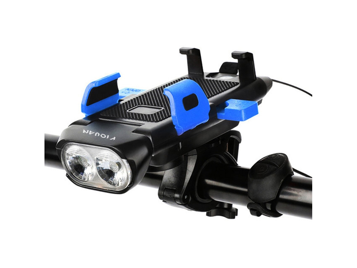 Azul 4 Em 1 Luz Dianteira Bicicleta Suporte Celular Usb Buzina Lanterna Power Bank Mtb Farol Acessórios