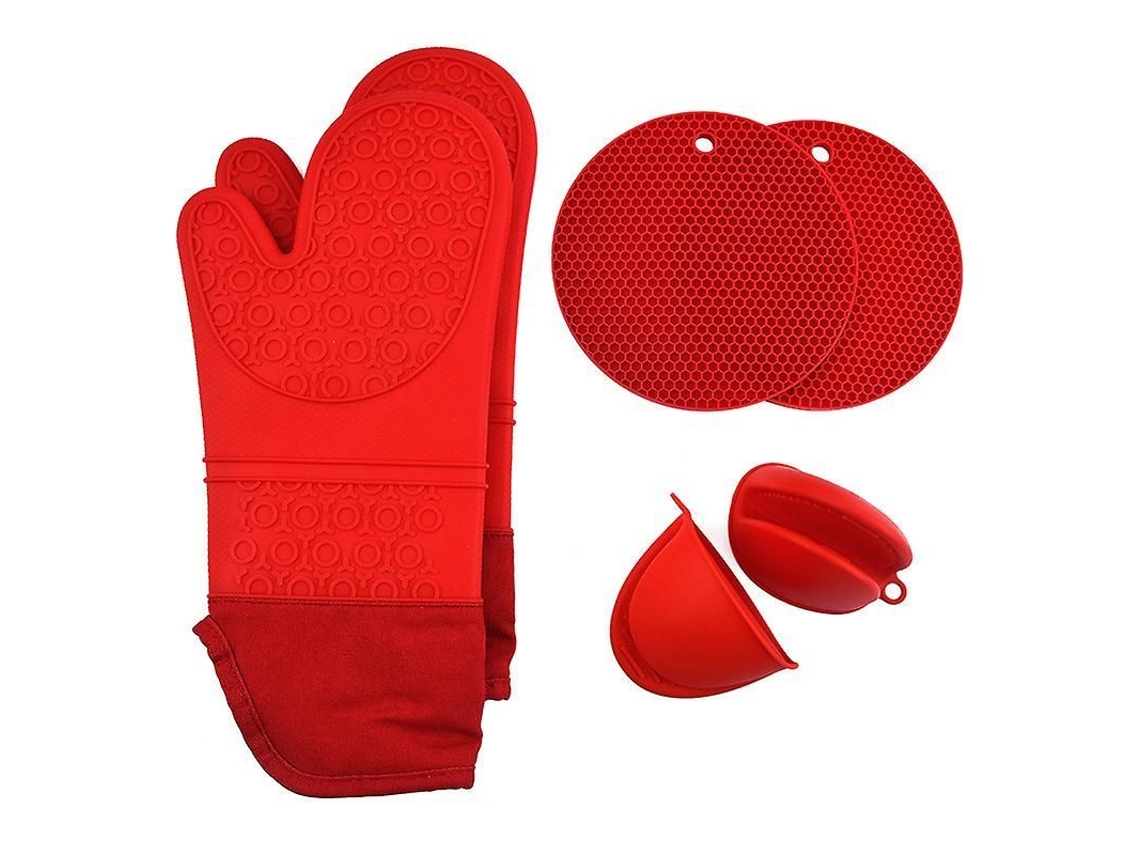 Conjunto De Luvas De Forno, Protetores E Mini Luvas De Silicone Resistente A Calor Até 500°f - Presente Ideal Para Cozinha Vermelho