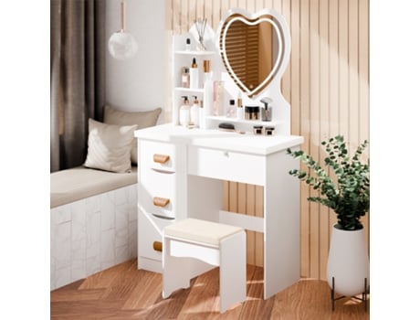Flasidu Toucador Branco Madeira (80x40x135cm), Montagem Fácil, 4 Gavetas, Espelho Com Luz Led, Com Prateleiras Abertas
