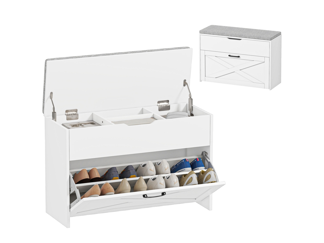 Panca Scarpiera Com Gaveta Rebatível E Contenidor, Capacidade 8 Pares De Sapatos, 80x30x55 Cm, Branco