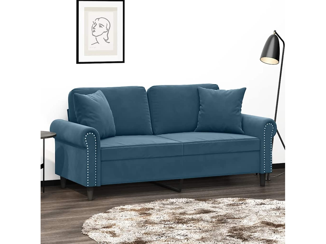 Vidaxl Sofá 2 Lugares C/ Almofadas Decorativas 140 Cm Veludo Azul
