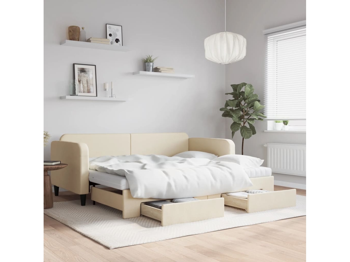 Sofá cama con cajones y tela crema de 90x200 cm