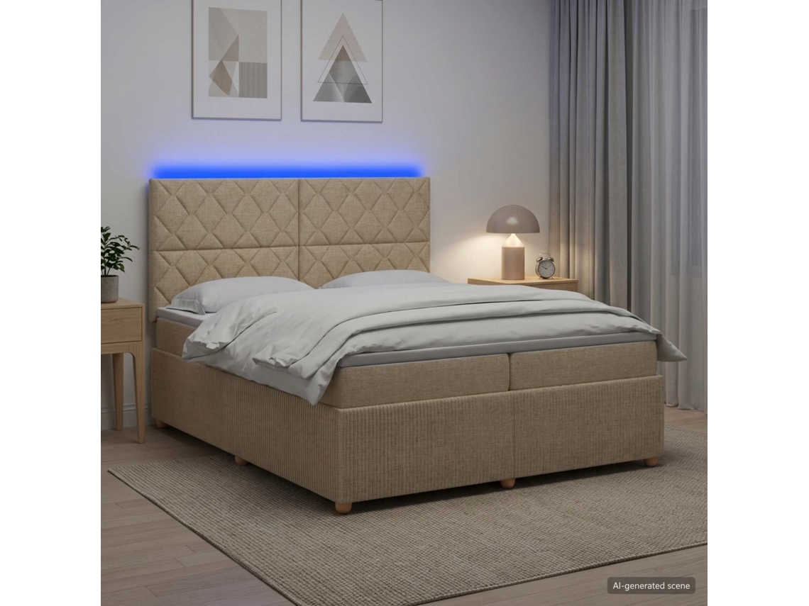 Vidaxl Cama Box Com Led E Colchão Creme 200 X 200 Cm Tecido