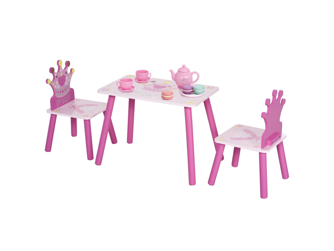 Conjunto Três Peças Mesa E Duas Cadeiras Pés Madeira Maciça Motivo Coroa 2-4 Anos Rosa