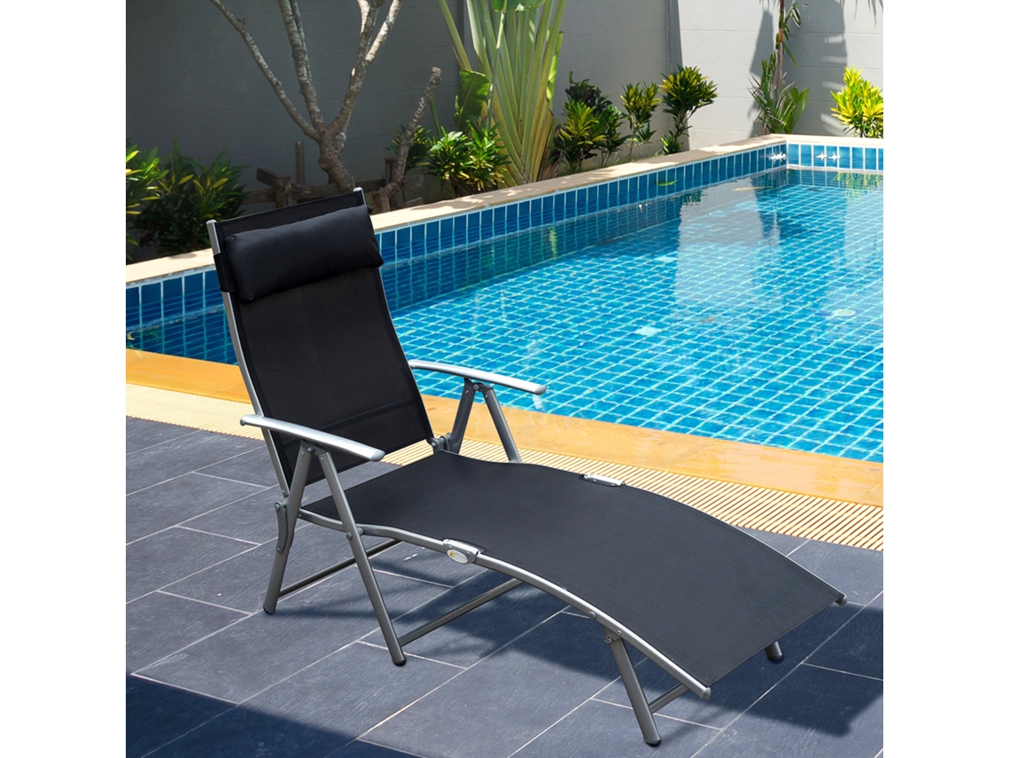Espreguiçadeira Dobrável Para Jardim Com Almofada 137x63,5x100,5cm Em Metal E Tecido Preto Ideal Para Praia E Terraço Quenty