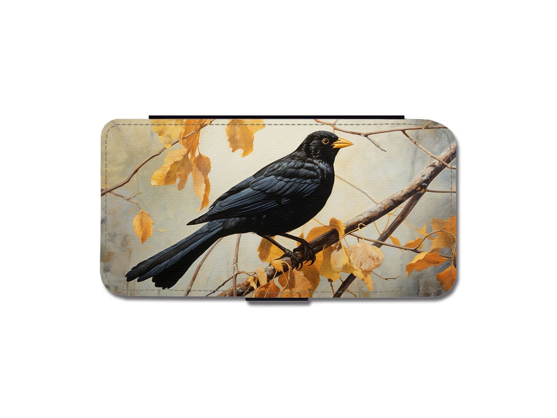 Capa Flip Para Iphone 17 Pro Max Com Estampa De Pintura A Óleo De Pássaro Preto