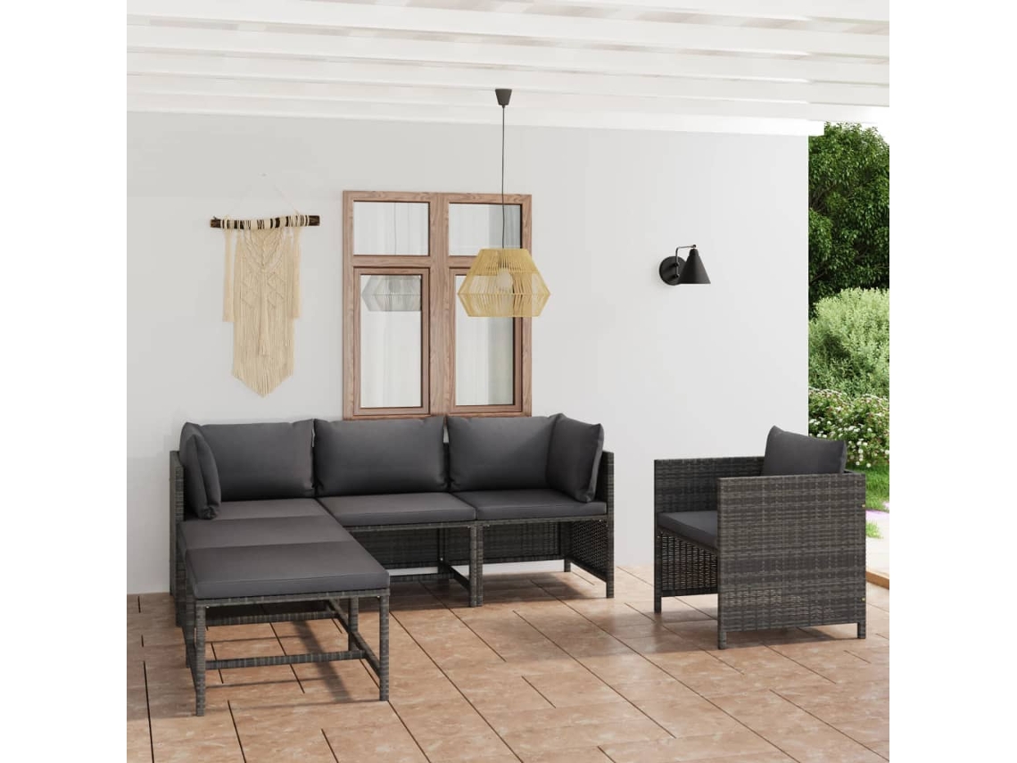 Vidaxl 6 Pcs Conjunto Lounge De Jardim C/ Almofadões Vime Pe Cinzento