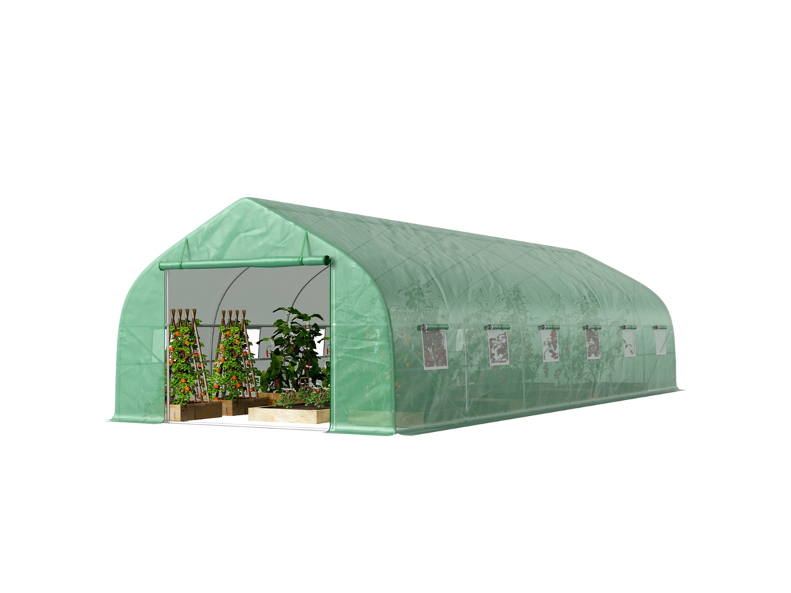 Estufa Túnel Hortaliças. 800x300x200cm, 12 Janelas, PE 140g/m², Verde, Cultivo de Plantas E