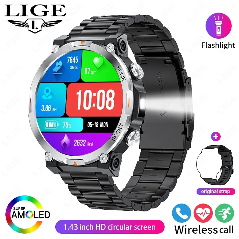 (preto E Prateado) Smartwatch Com Tela De 1,43 Polegadas, Monitoramento De Saúde, Lanterna Esportiva E Chamadas Bluetooth.
