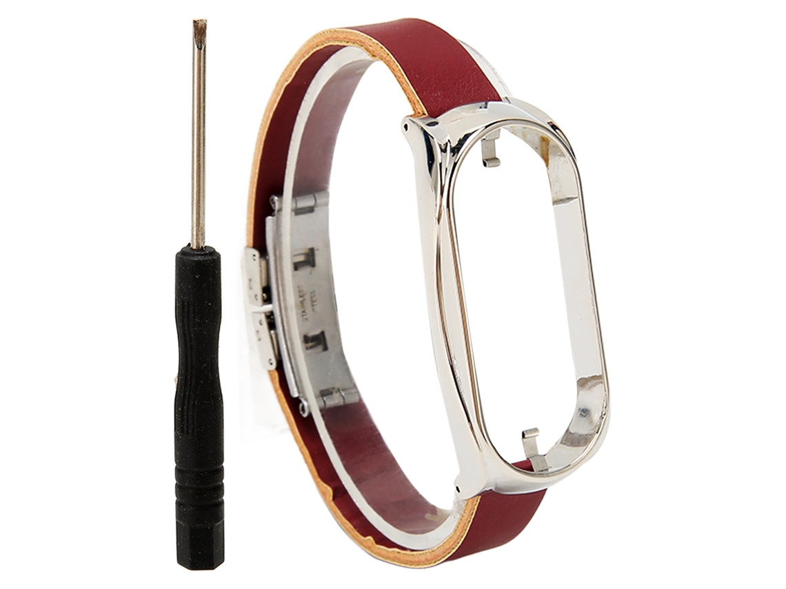 Pulseira de Couro Pu com Capa Protetora para Mi Band 7 Aço Inoxidável Marrom e Prata