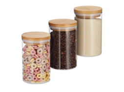 Conjunto Com 3 Potes De Vidro Com Tampas Herméticas De Bambu
