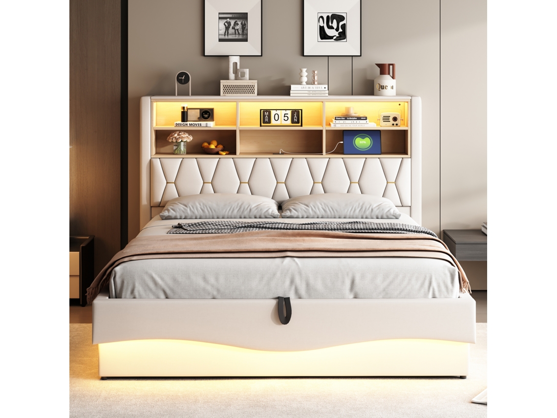 Cama Casal Estofada 180x200 Cm Com Arrumação Hidráulica, Led App, Usb, Ripas Metálicas E Linho Bege