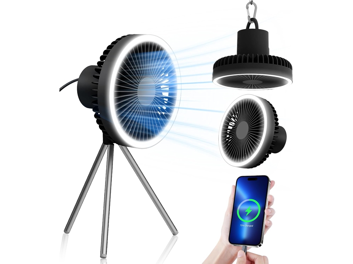 Ventilador De Camping Com Luz Led, Alimentado Por Bateria De 10000mah, 10000mah, 3 V, Luz Led, Gancho, Recarregável, Velocidades, Portátil