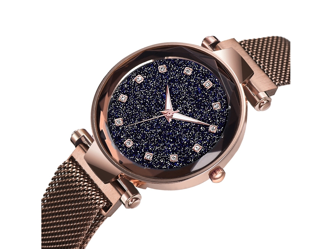 Relógio Feminino Pulseira de Malha de Liga com Fecho Magnético e Strass Café