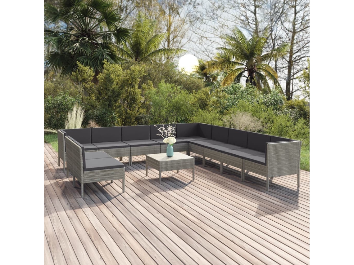 Conjunto 12 Peças Lounge De Jardim C/ Almofadões Vime Pe Cinzento Dkd Home Decor