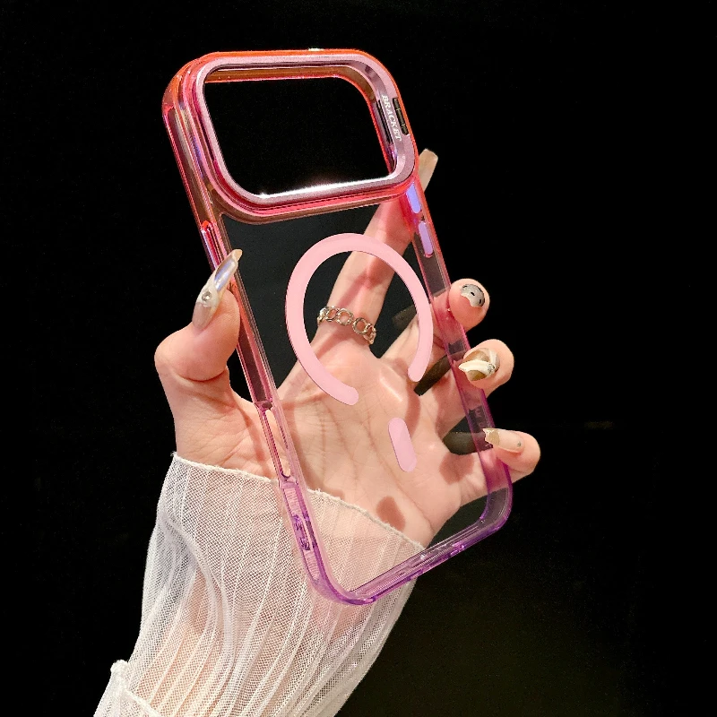 Capa Para Celular (rosa 17promax) Com Suporte Para Lente, Cor Degradê E Anel Magnético Integrado.