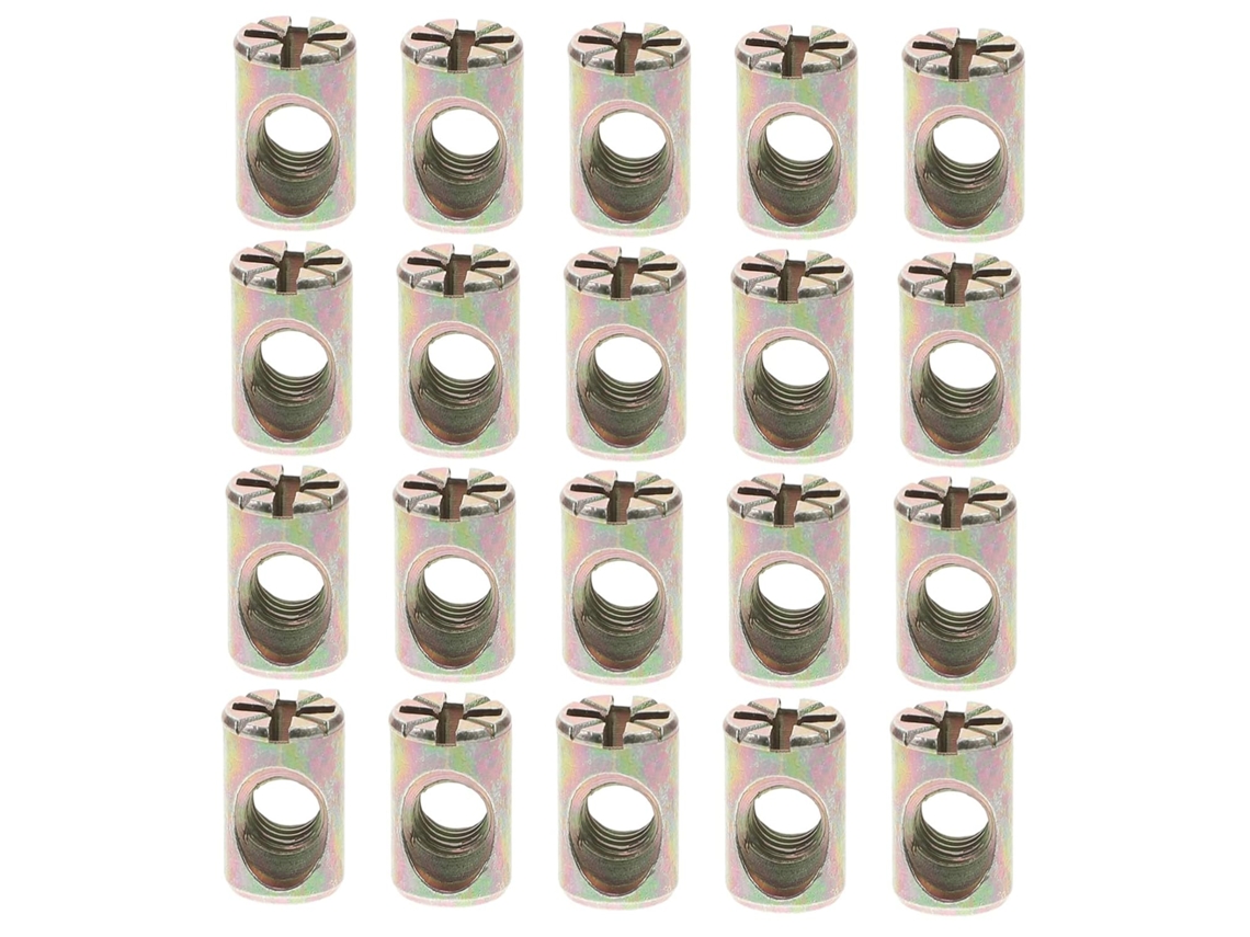 Kit com 20 porcas cilíndricas M6x15mm em liga de zinco, duráveis e com excelente fixação, para montagem de camas e móveis.
