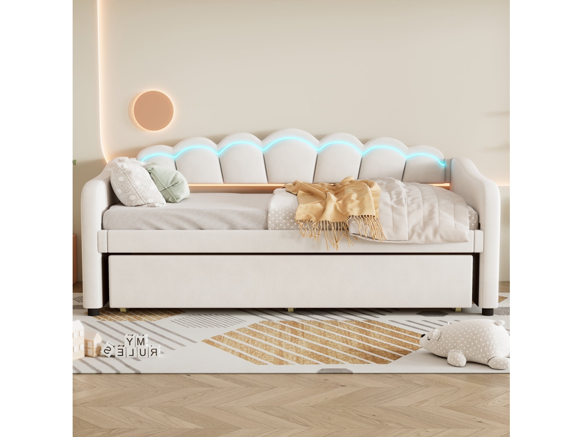 Banqueta cama 90x200cm, com gaveta, base metálica, led ambiente, design minimalista bege KOMHTOM