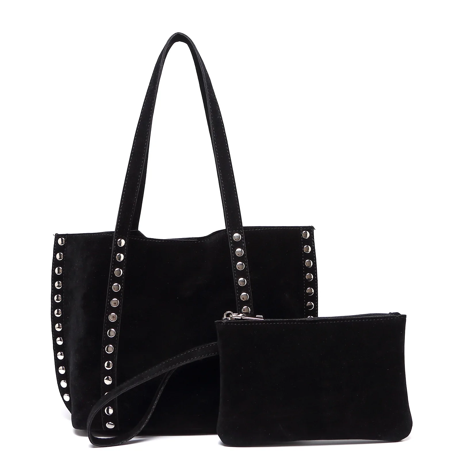 Bolsa Feminina Vintage Em Camurça Sintética Preta Com Rebites, Bolsa Feminina Em Couro Sintético Fosco.