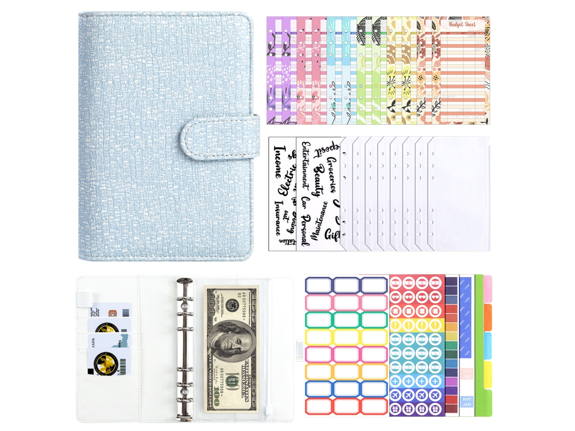 A6 Cash Challenge Budget Binder Fabric Waffle Notebook Blue With 12-cash Cards, 8-bill Envelopes, 2-english Stickers