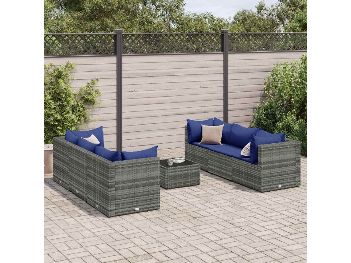 Vidaxl 7 Pcs Conjunto Lounge De Jardim C/ Almofadões Vime Pe Cinzento