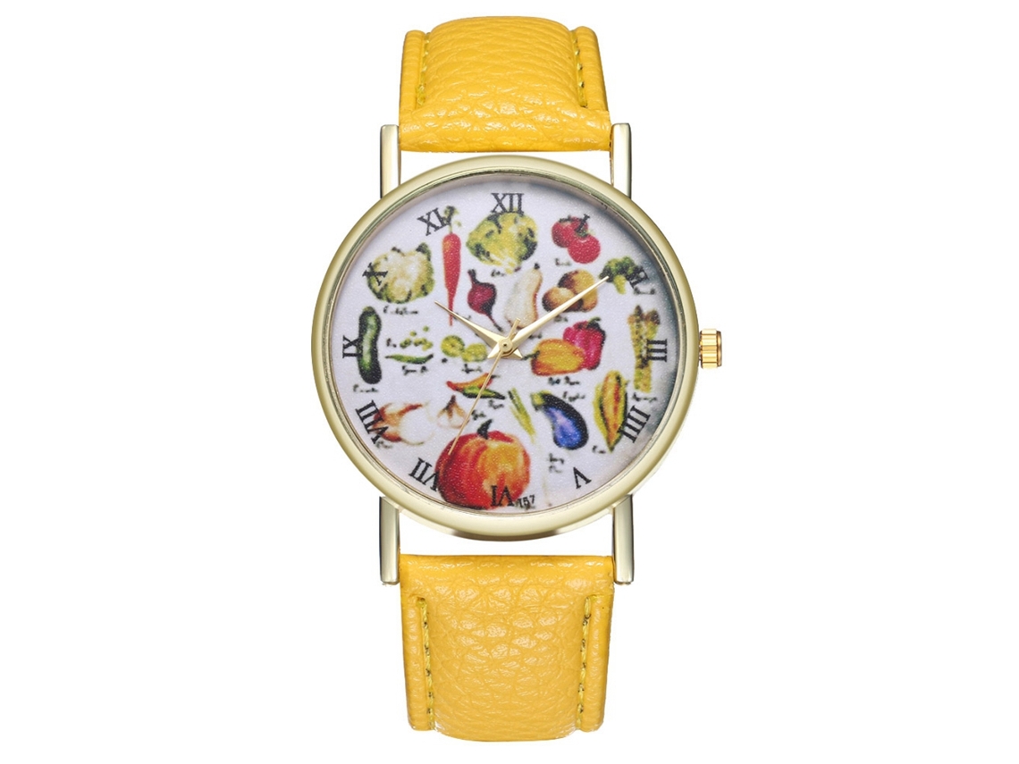 Relógio de quartzo unissex com pulseira de couro PU, mostrador com estampa de frutas, casual e moderno (amarelo)