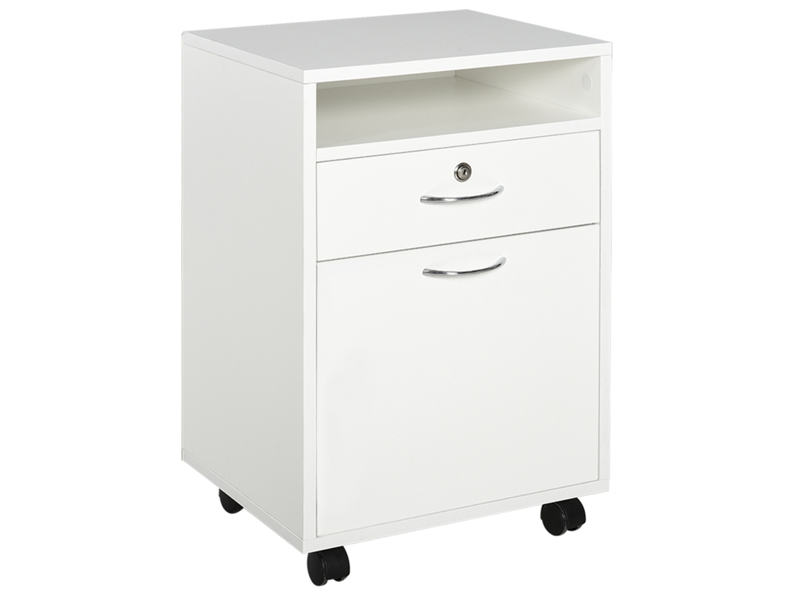 Bloco De Gavetas De Escritório Com 4 Rodas Fechadura Prateleira Aberta E Armário 40x35x60 Cm Branco