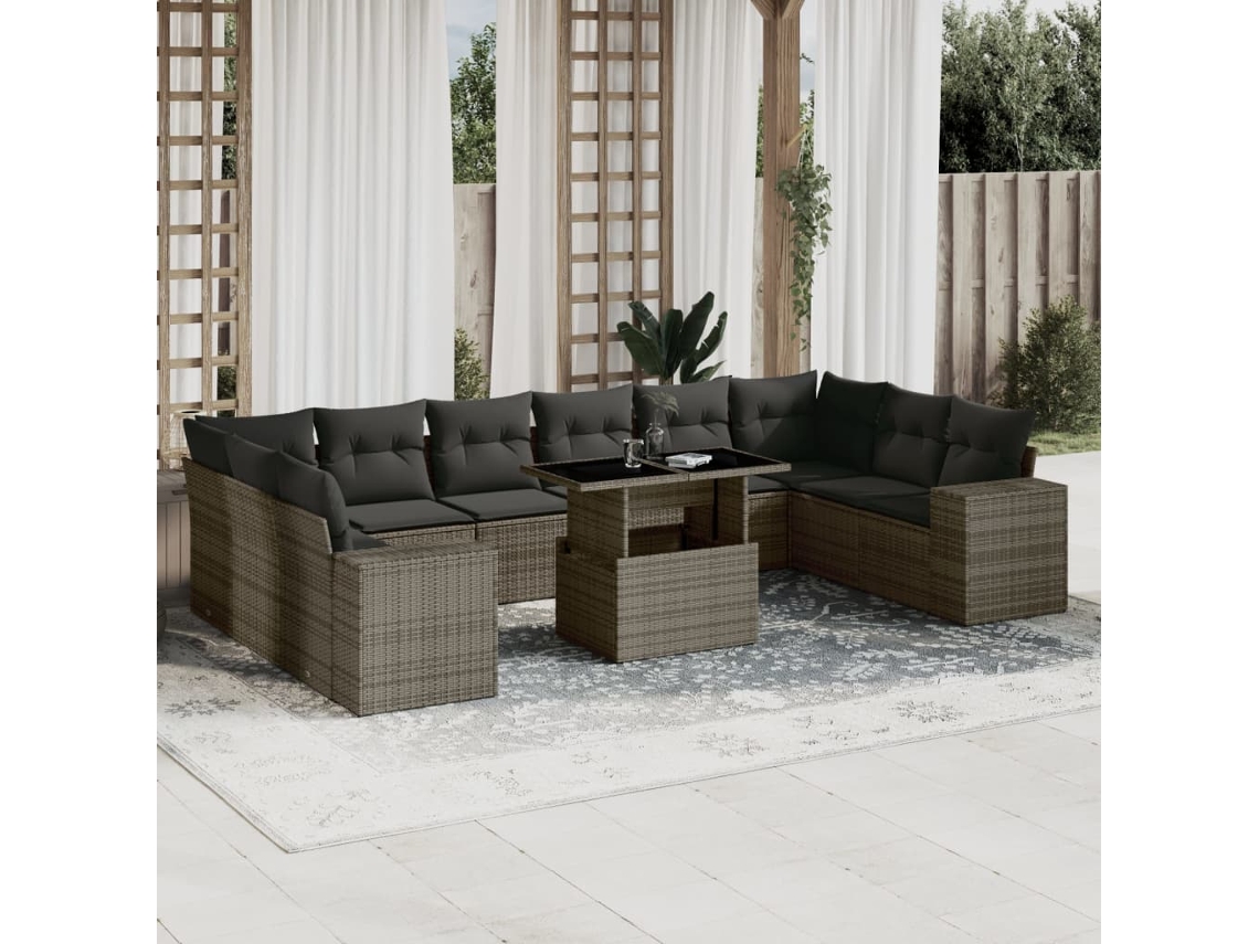 Vidaxl 11 Pcs Conjunto Sofás de Jardim C/ Almofadões Vime Pe Cinzento