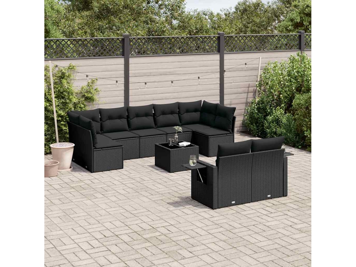 Vidaxl 10 Pcs Conjunto Sofás De Jardim C/ Almofadões Vime Pe Preto