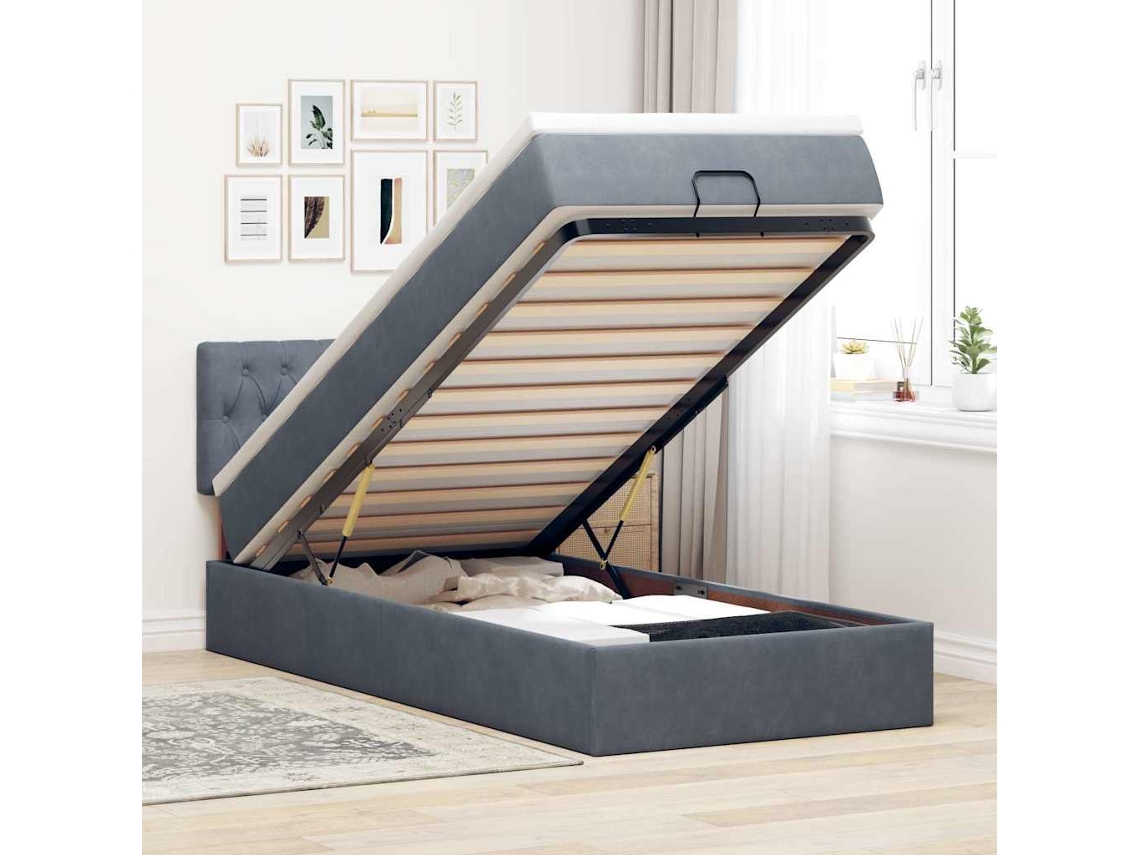 Estrutura Cama Otomana Colchão 80x200 Cm Veludo Cinzento Escuro